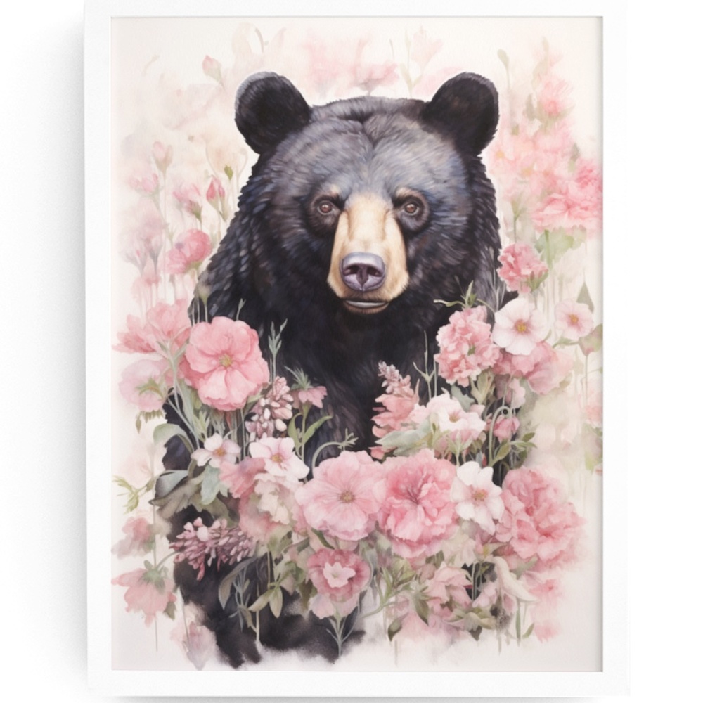 Watercolor Floral Black Bear Portrait Wall Art Illustration Print Unframed